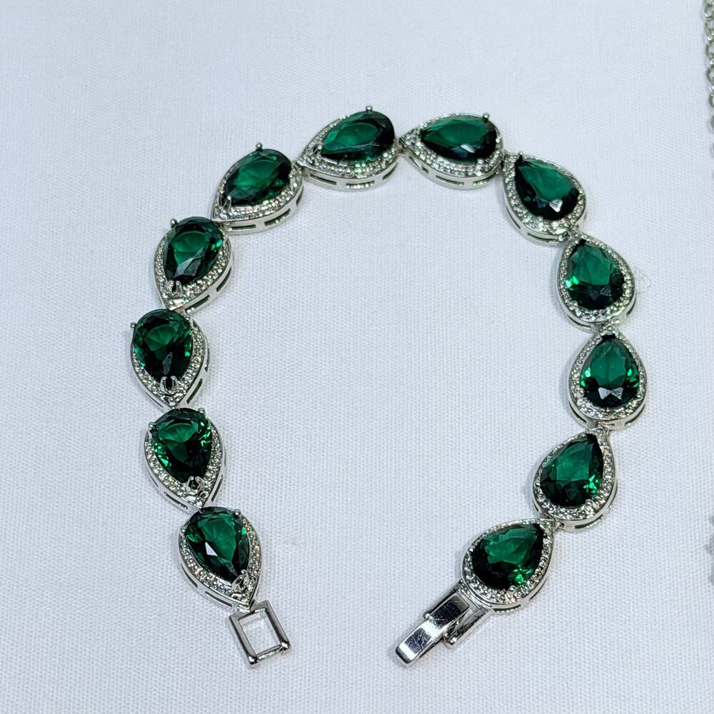 Emerald Teardrop Pear Shape Necklace Pendant, Earrings, Bracelet Set, Plated